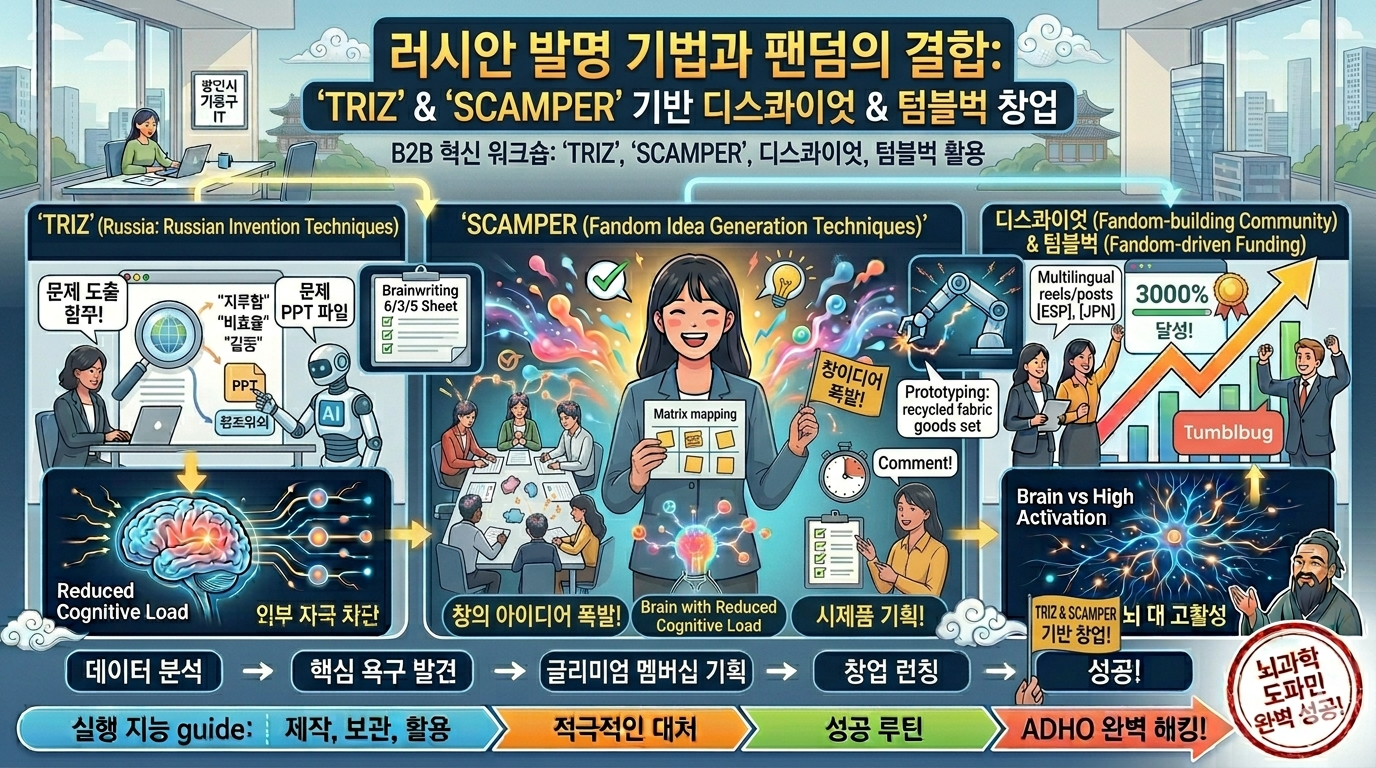 러시안 발명 기법과 팬덤의 결합: 'TRIZ', 'SCAMPER' 기반 디스콰이엇 & 텀블벅 창업 - 마케팅 & 콘텐츠 기획 아이디어 썸네일