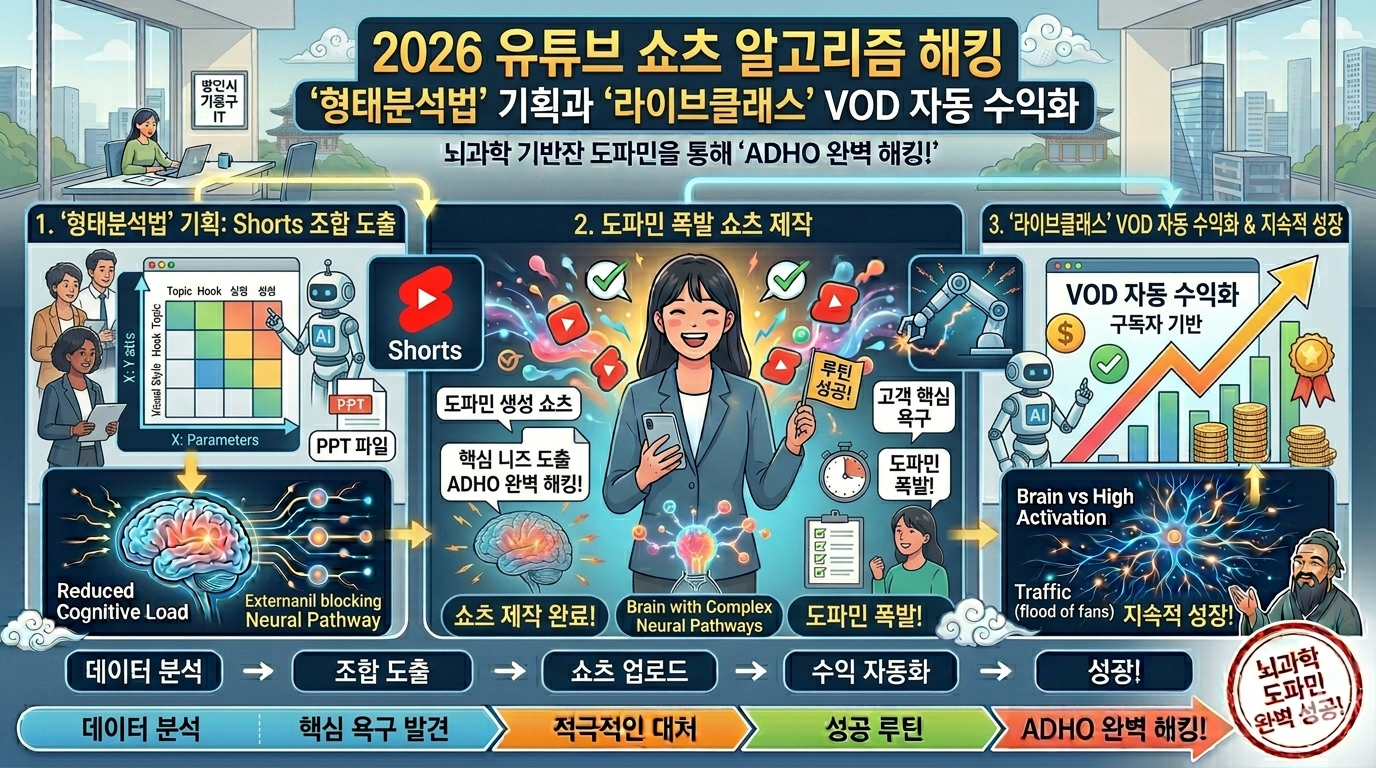  2026 유튜브 쇼츠 알고리즘 해킹: '형태분석법' 기획과 '라이브클래스' VOD 자동 수익화  - 창업 & 소상공인 솔루션 아이디어 썸네일