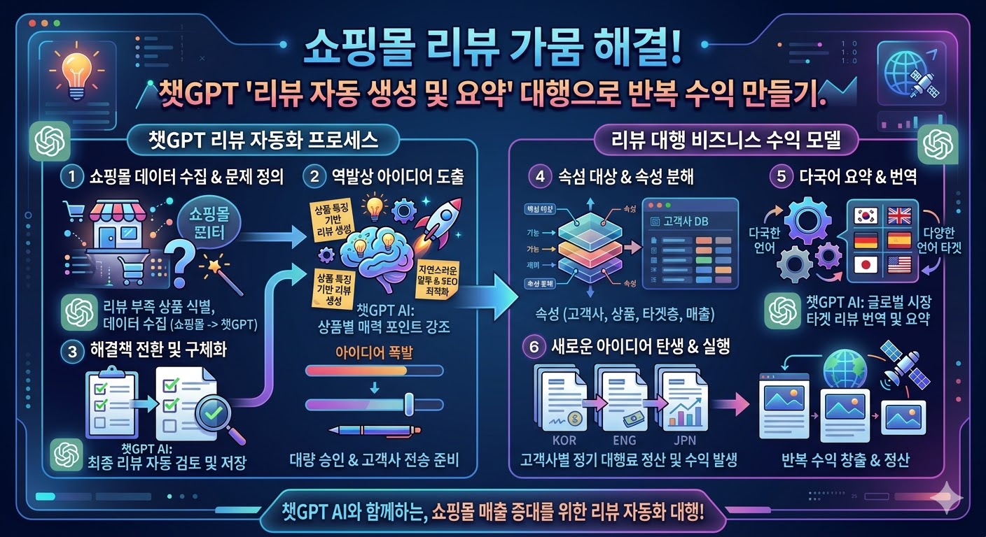 쇼핑몰 리뷰 가뭄 해결! 챗GPT '리뷰 자동 생성 및 요약' 대행으로 반복 수익 만들기  - N잡 & 무자본 부업 아이디어 썸네일
