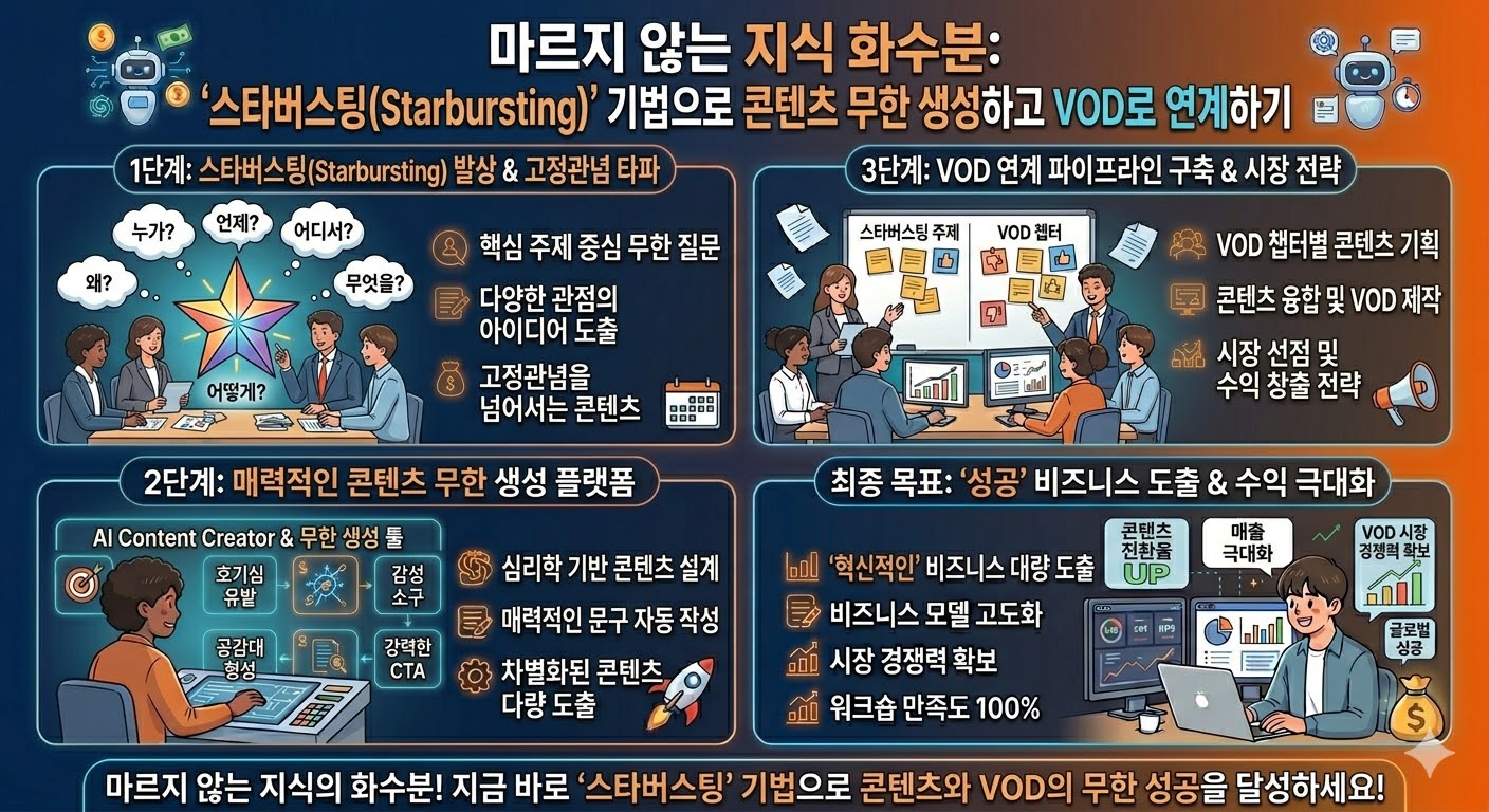 마르지 않는 지식 화수분: '스타버스팅' 기법으로 콘텐츠 무한 생성하고 VOD로 연계하기 | 창업의추억 마르지 않는 지식 화수분: '스타버스팅' 기법으로 콘텐츠 무한 생성하고 VOD로 연계하기 - 창업 & 소상공인 솔루션 아이디어 썸네일