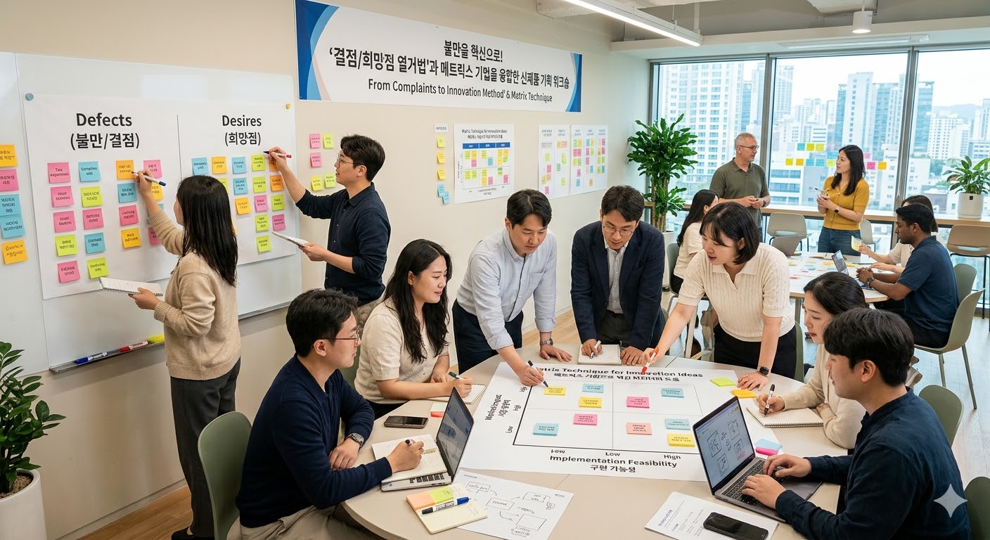 불만을 혁신으로! '결점/희망점 열거법'과 매트릭스 기법을 융합한 신제품 기획 워크숍 | 아이디어우물 불만을 혁신으로! '결점/희망점 열거법'과 매트릭스 기법을 융합한 신제품 기획 워크숍 - 창업 & 소상공인 솔루션 아이디어 썸네일