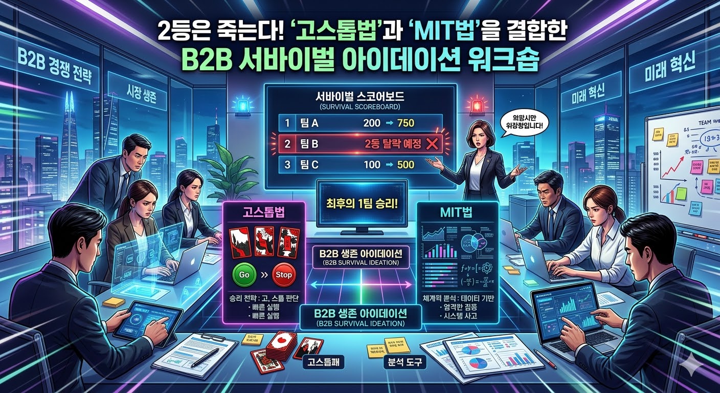 2등은 죽는다! '고스톱법'과 'MIT법'을 결합한 B2B 서바이벌 아이데이션 워크숍 | 아이디어우물 2등은 죽는다! '고스톱법'과 'MIT법'을 결합한 B2B 서바이벌 아이데이션 워크숍 - 창업 & 소상공인 솔루션 아이디어 썸네일