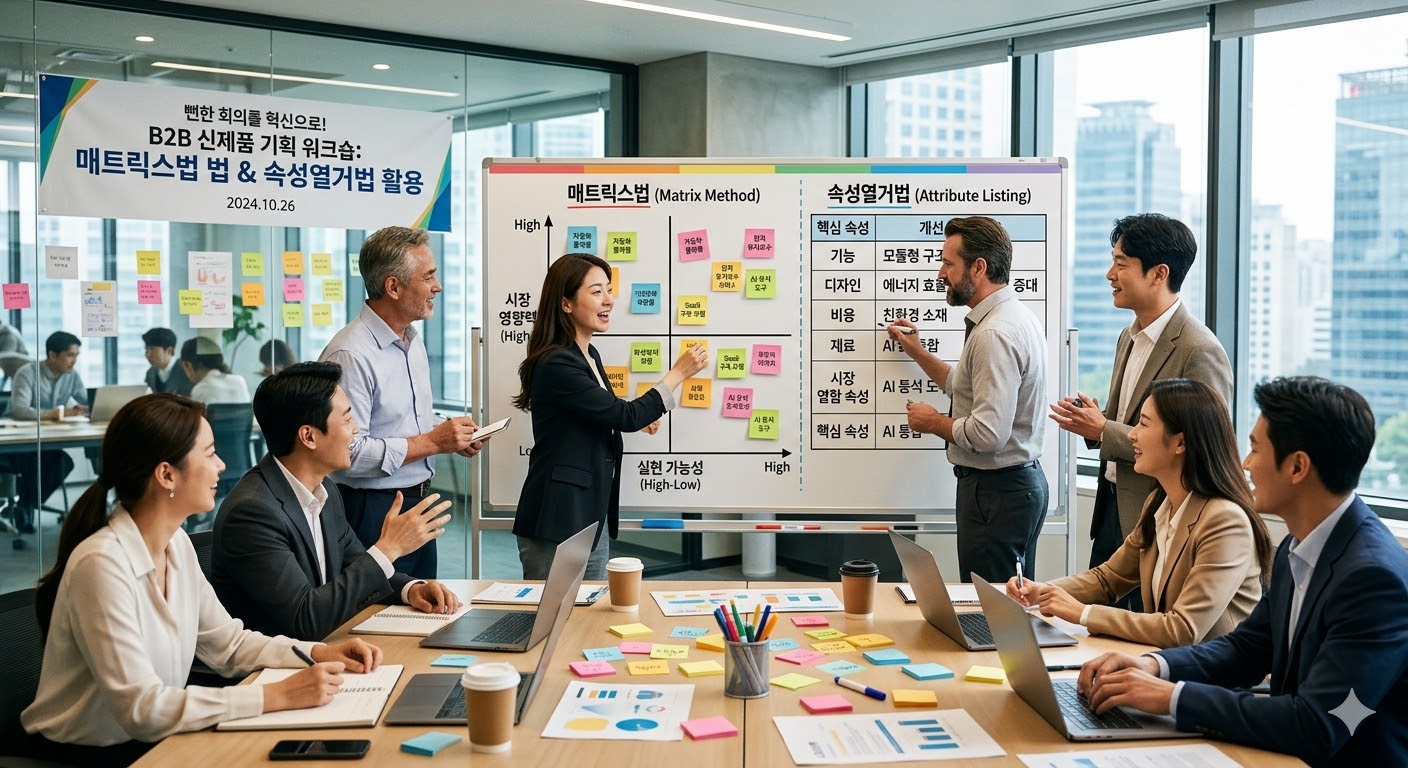 뻔한 회의를 혁신으로! 매트릭스법과 속성열거법을 활용한 B2B 신제품 기획 워크숍 | 아이디어우물 뻔한 회의를 혁신으로! 매트릭스법과 속성열거법을 활용한 B2B 신제품 기획 워크숍 - 창업 & 소상공인 솔루션 아이디어 썸네일