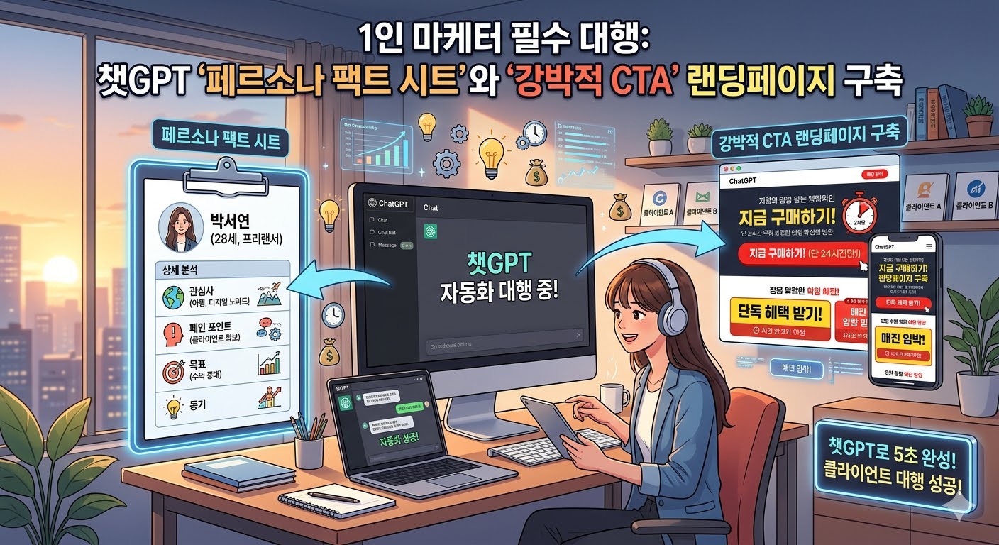 1인 마케터 필수 대행: 챗GPT '페르소나 팩트 시트'와 '강박적 CTA' 랜딩페이지 구축 | 아이디어우물 1인 마케터 필수 대행: 챗GPT '페르소나 팩트 시트'와 '강박적 CTA' 랜딩페이지 구축 - 마케팅 & 콘텐츠 기획 아이디어 썸네일