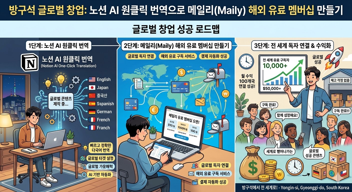  방구석 글로벌 창업: 노션 AI 원클릭 번역으로 메일리(Maily) 해외 유료 멤버십 만들기 - 창업 & 소상공인 솔루션 아이디어 썸네일