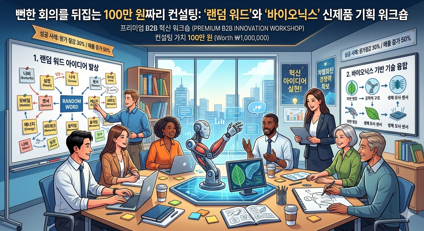 뻔한 회의를 뒤집는 100만 원짜리 컨설팅: '랜덤 워드'와 '바이오닉스' 신제품 기획 워크숍 | 아이디어우물 뻔한 회의를 뒤집는 100만 원짜리 컨설팅: '랜덤 워드'와 '바이오닉스' 신제품 기획 워크숍 - 창업 & 소상공인 솔루션 아이디어 썸네일