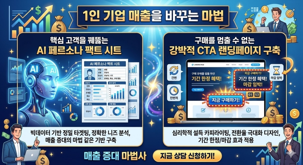  1인 기업 매출을 바꾸는 마법: 'AI 페르소나 팩트 시트'와 '강박적 CTA' 랜딩페이지 구축 대행  - 마케팅 & 콘텐츠 기획 아이디어 썸네일