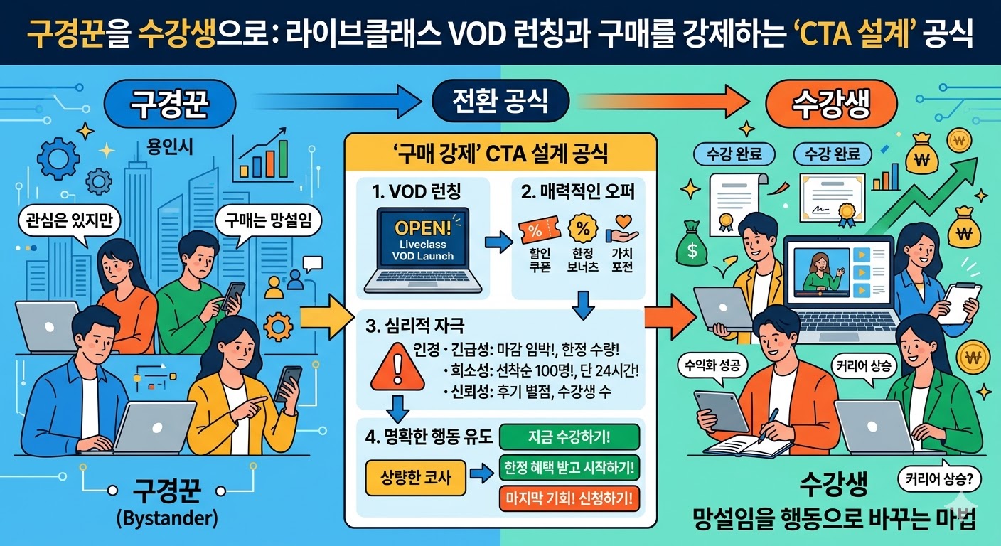 구경꾼을 수강생으로: 라이브클래스 VOD 런칭과 구매를 강제하는 'CTA 설계' 공식 - 창업 & 소상공인 솔루션 아이디어 썸네일